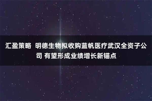 汇盈策略 明德生物拟收购蓝帆医疗武汉全资子公司 有望形成业绩增长新锚点
